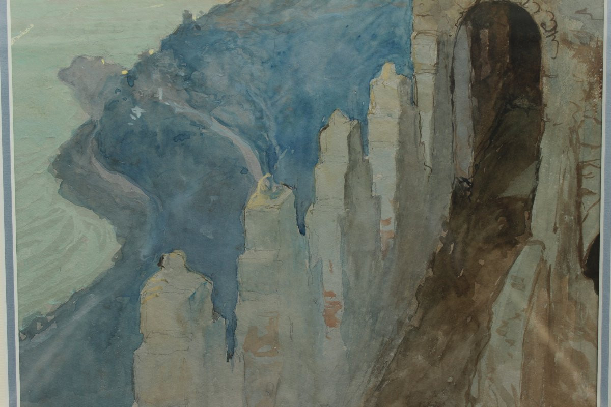 Roquebrune-cap-martin, Old Monte-carlo Castle, Watercolor. Georges Scott (1873-1942)-photo-1