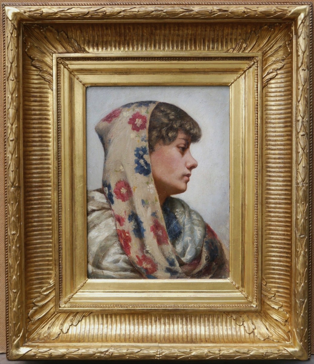Portrait Of A Woman With A Scarf, Circa 1900 Monogrammed Bm, Gilded Channel Frame