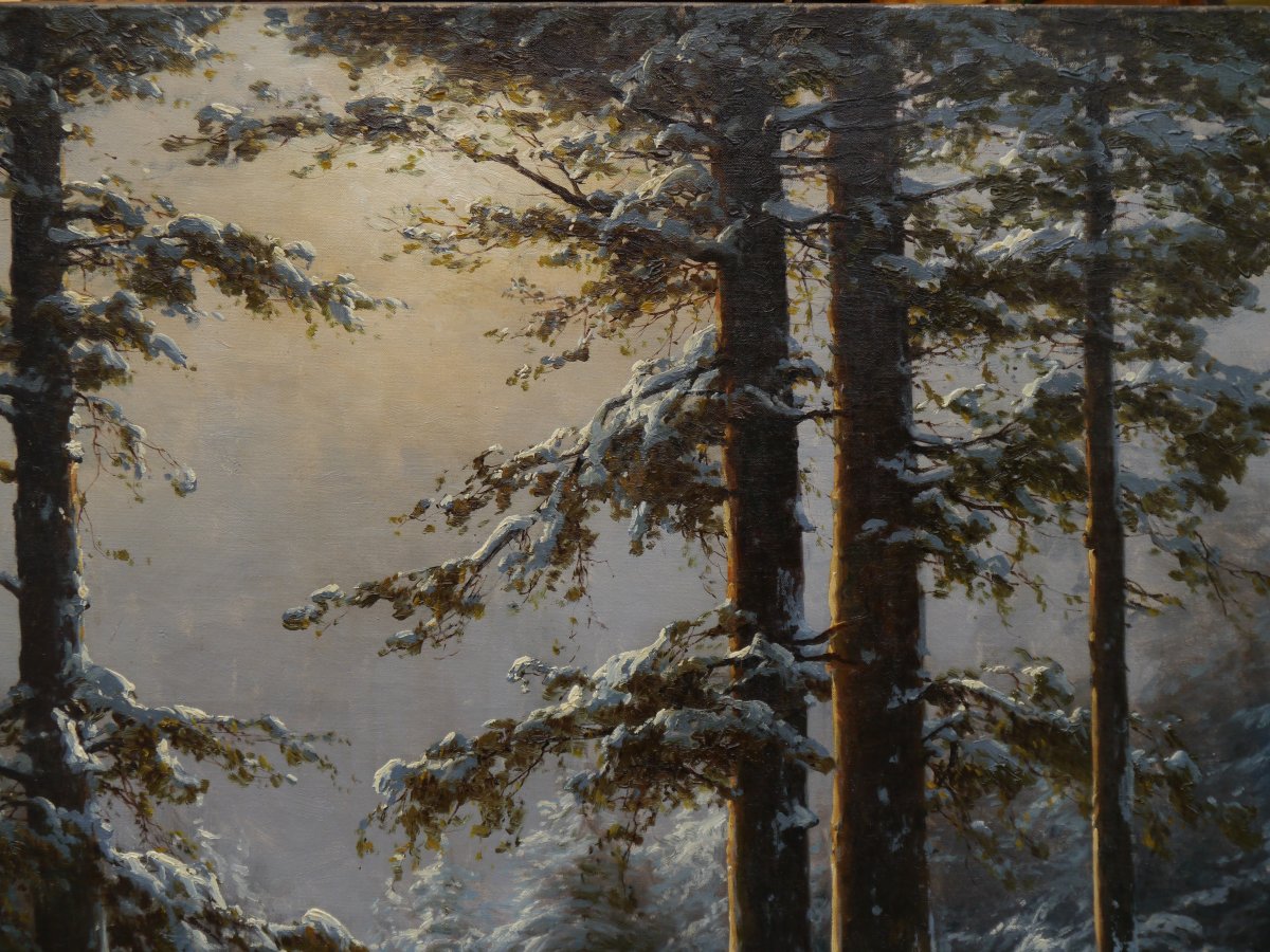 Large Painting, Snowy Landscape. Carl Kenzler (1872-1947)-photo-4