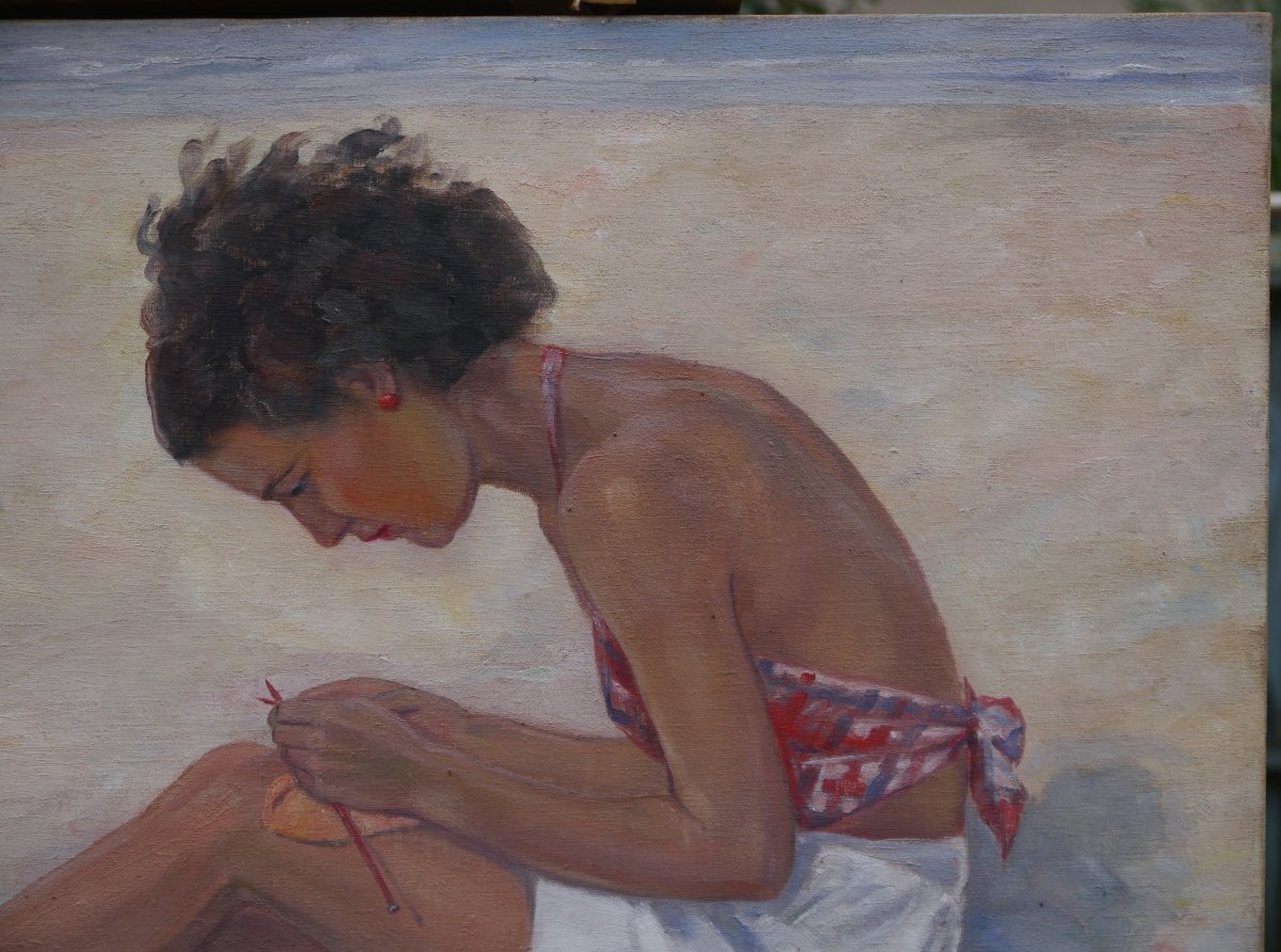 Louis HALFLANTS (1898-1984). Jeune fille, plage de La Panne en Belgique 1934.-photo-3