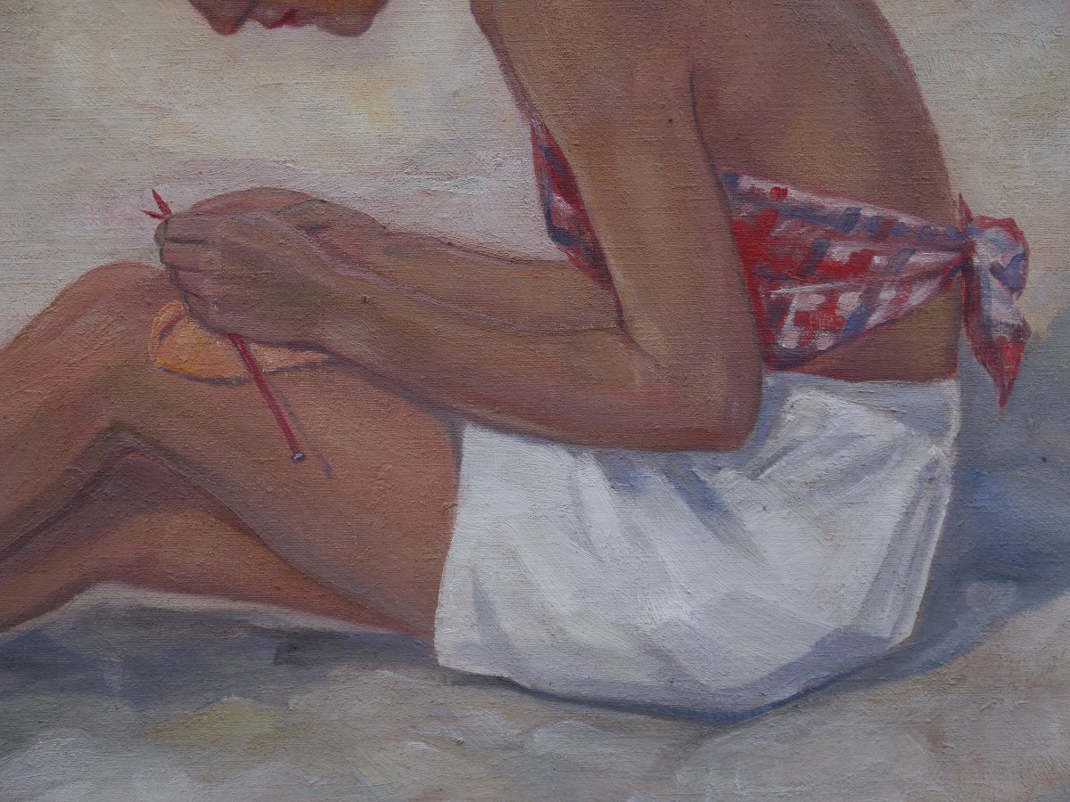 Louis HALFLANTS (1898-1984). Jeune fille, plage de La Panne en Belgique 1934.-photo-4