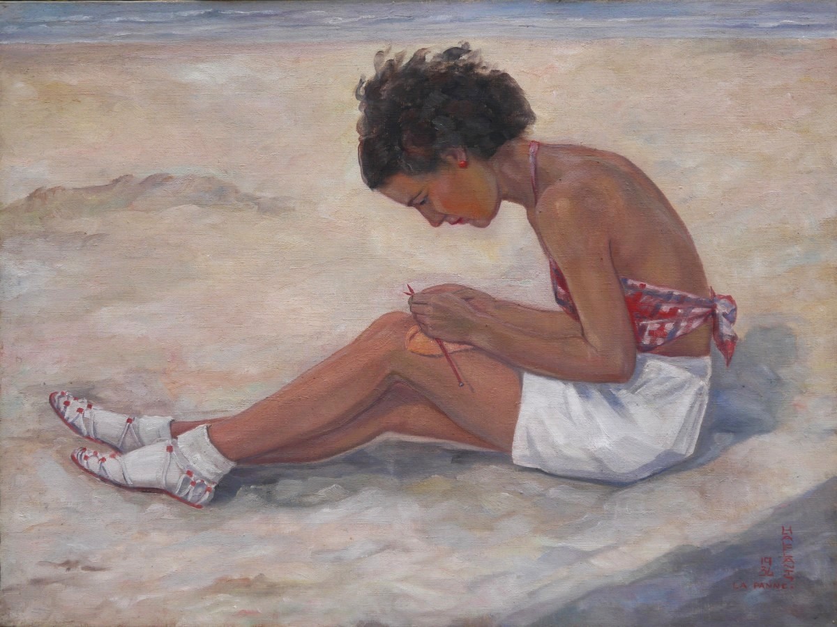 Louis HALFLANTS (1898-1984). Jeune fille, plage de La Panne en Belgique 1934.
