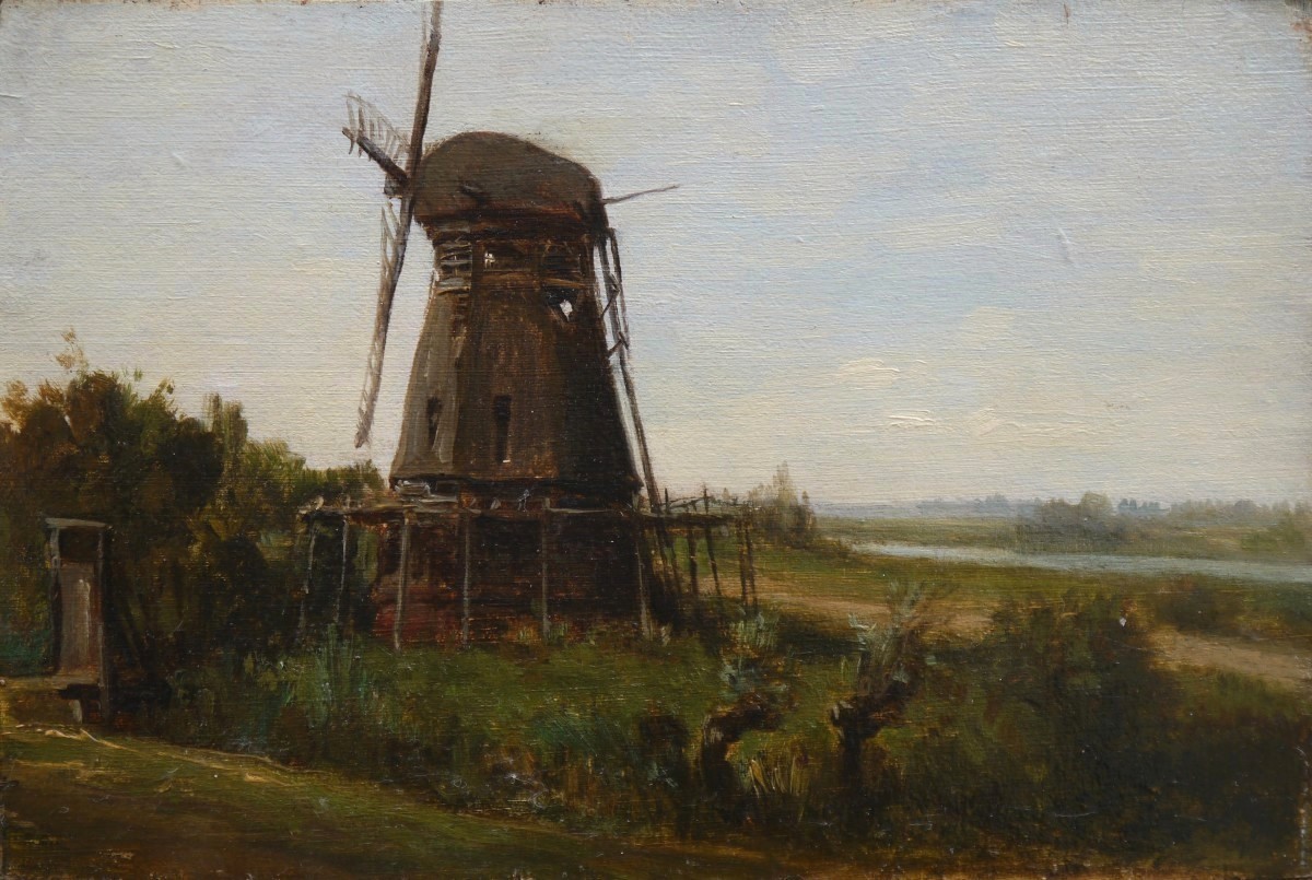 Paysage au moulin, Hollande. Auguste ANASTASI (1820-1889)