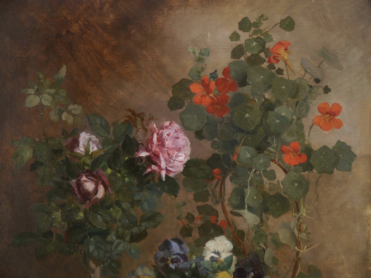 Grande composition florale aux capucines 1882. Jean Baptiste Adolphe BRONQUART (XIX)-photo-2