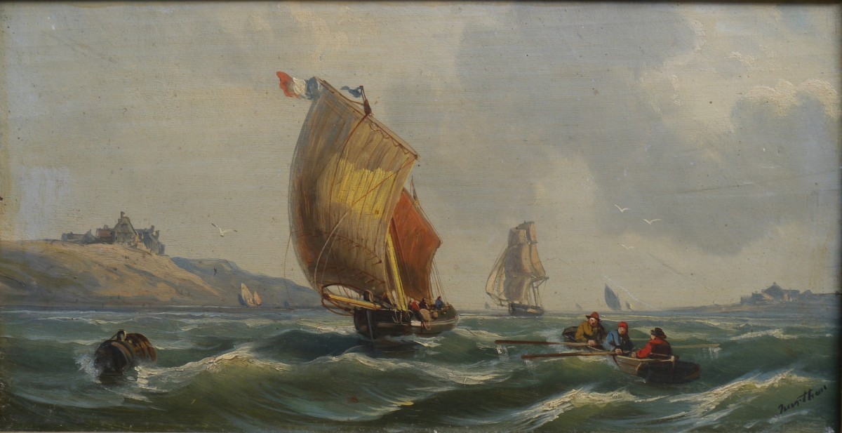 Seascape And Sailboats, Late 19th Century, Circa Kuwasseg, Signed