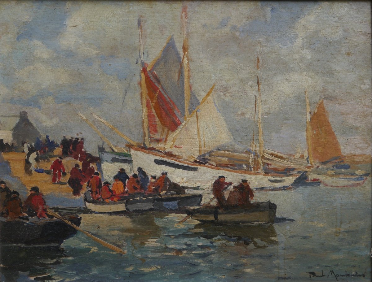 Paul MORCHAIN (1876-1939). Pêcheurs dans un port breton-photo-2