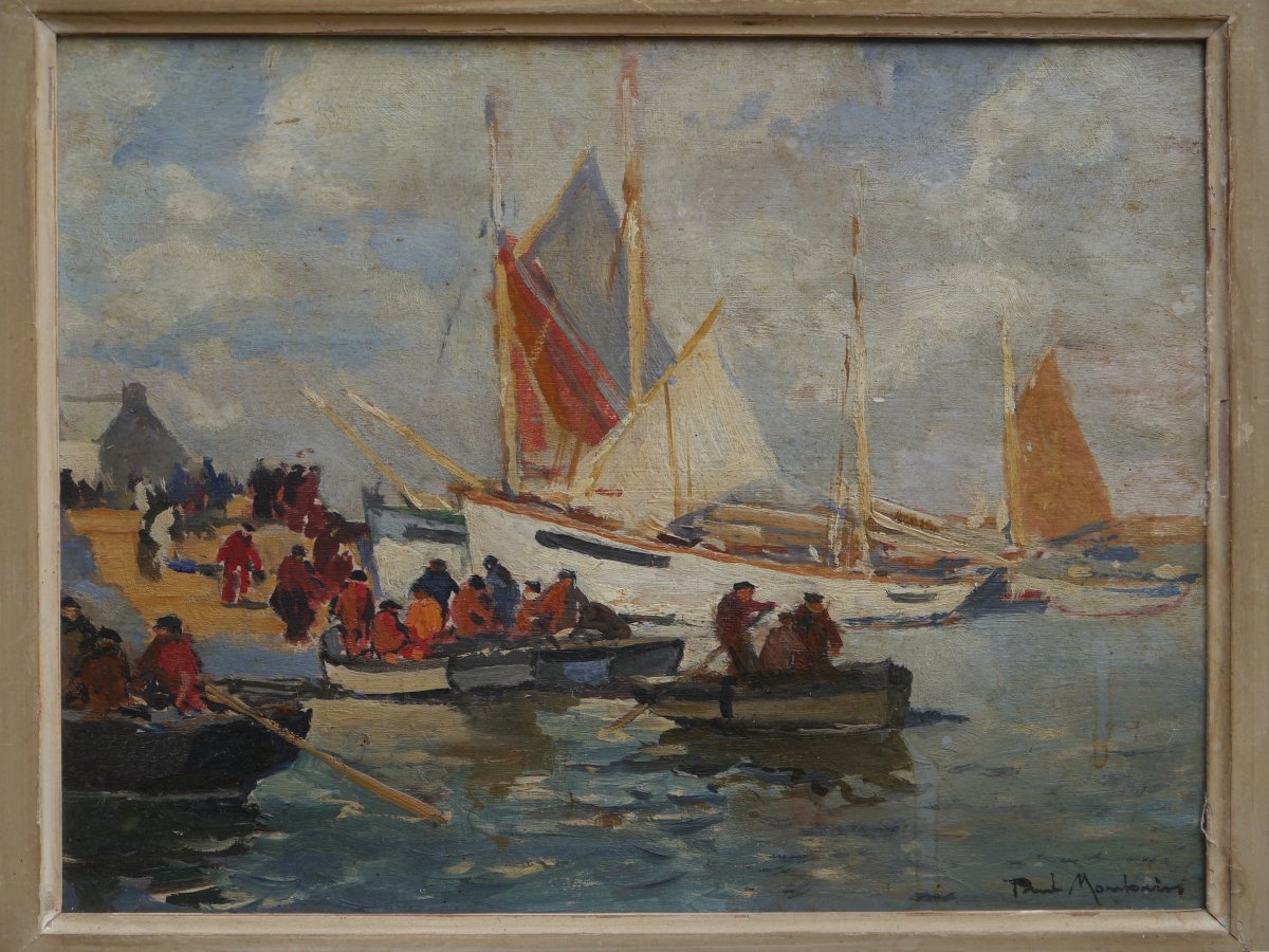 Paul MORCHAIN (1876-1939). Pêcheurs dans un port breton-photo-3