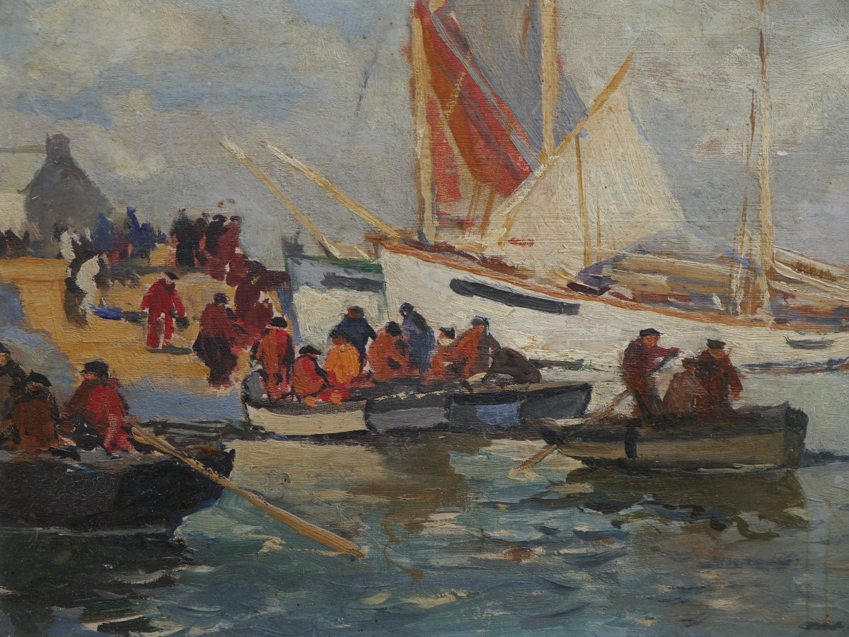 Paul MORCHAIN (1876-1939). Pêcheurs dans un port breton-photo-4