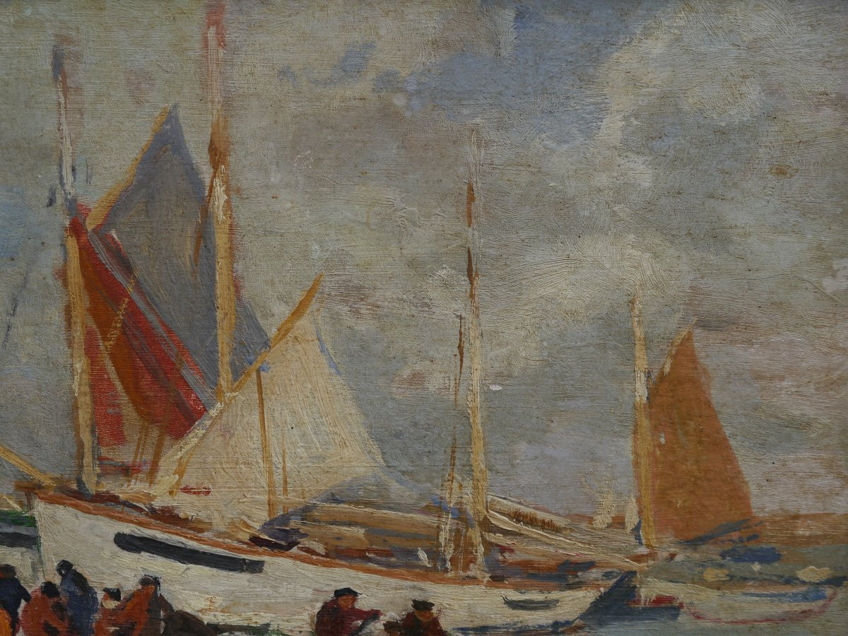 Paul MORCHAIN (1876-1939). Pêcheurs dans un port breton-photo-2