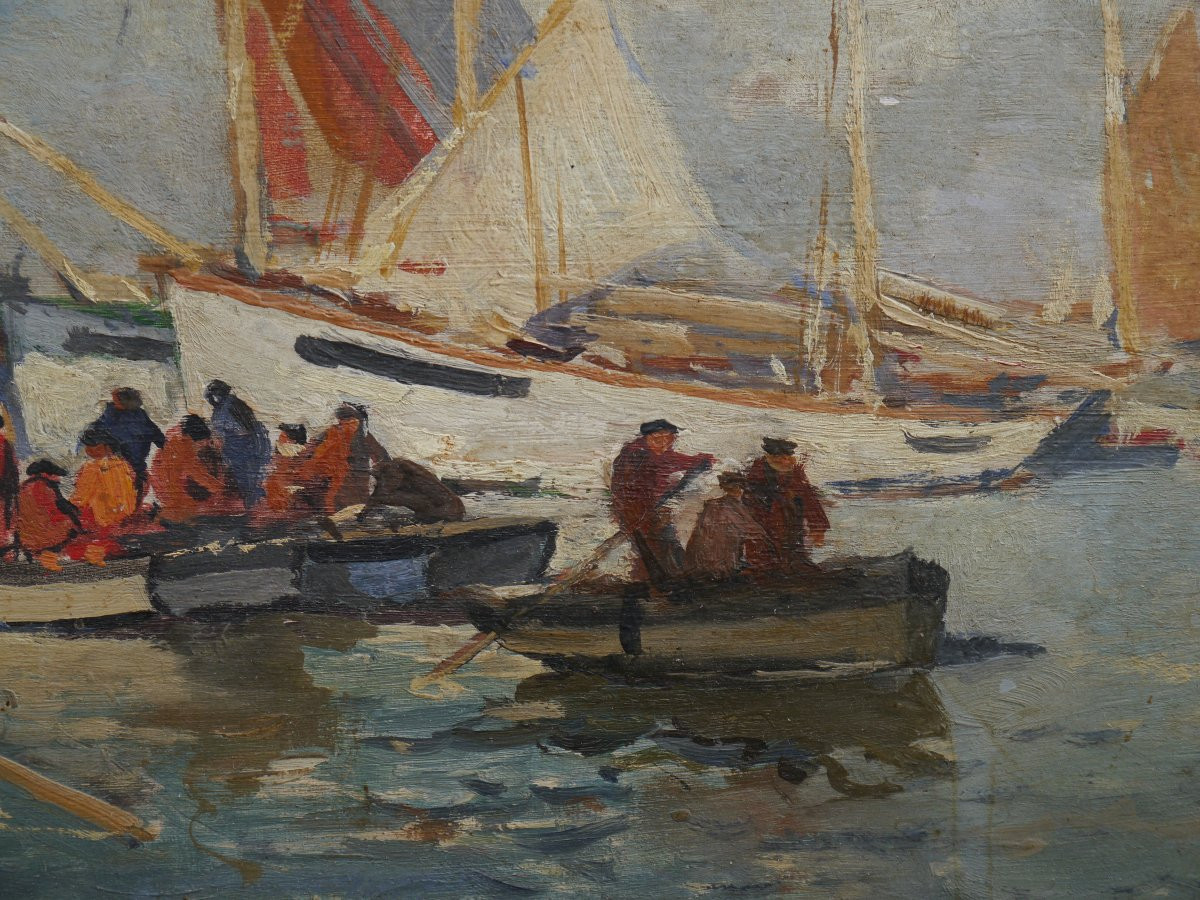 Paul MORCHAIN (1876-1939). Pêcheurs dans un port breton-photo-4