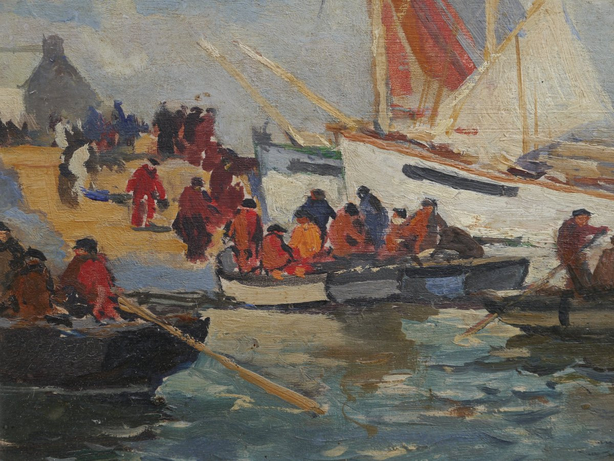 Paul MORCHAIN (1876-1939). Pêcheurs dans un port breton-photo-5