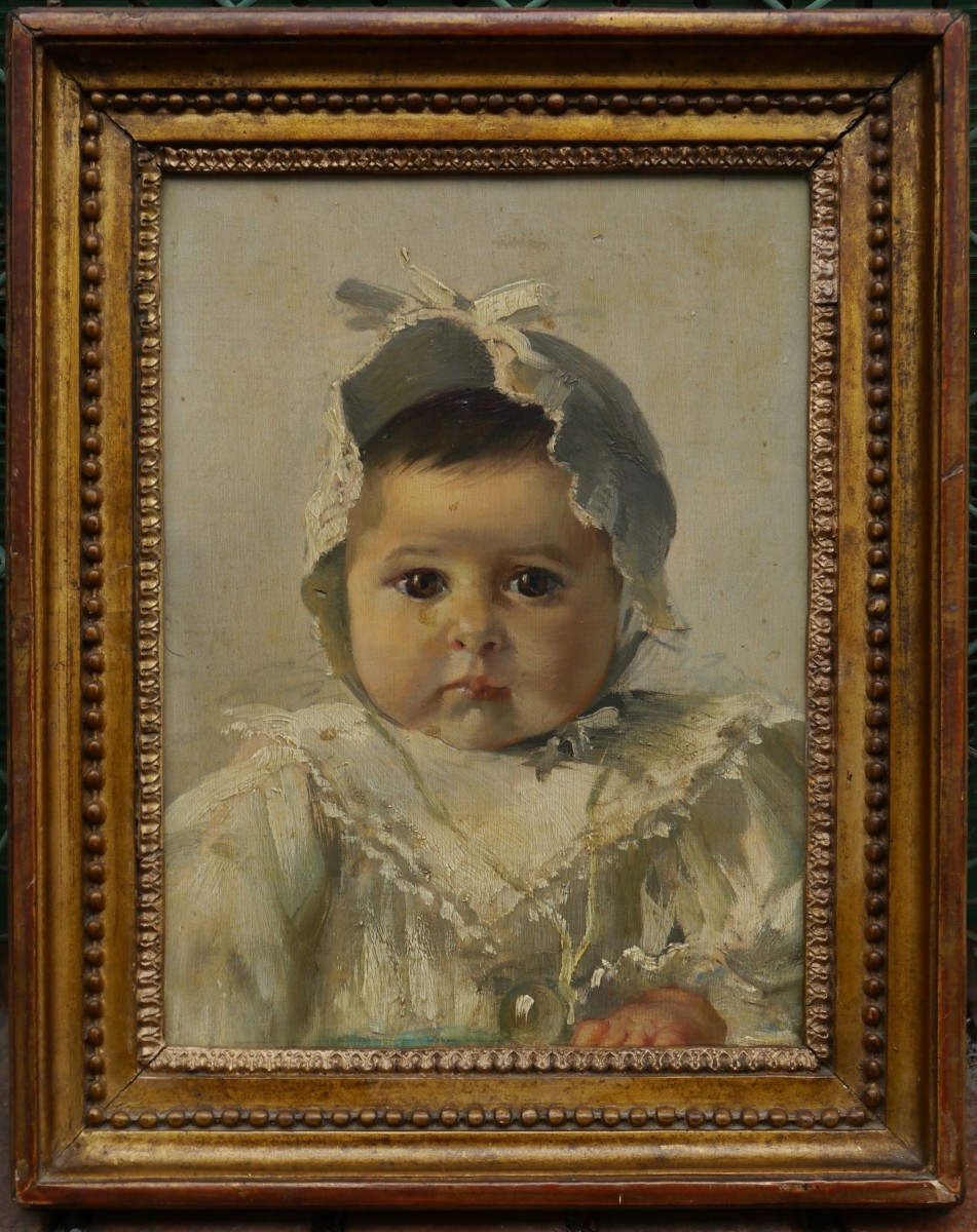 Portrait d'un joli bébé, Ecole fin 19è dans cadre ancien 18è Louis 16