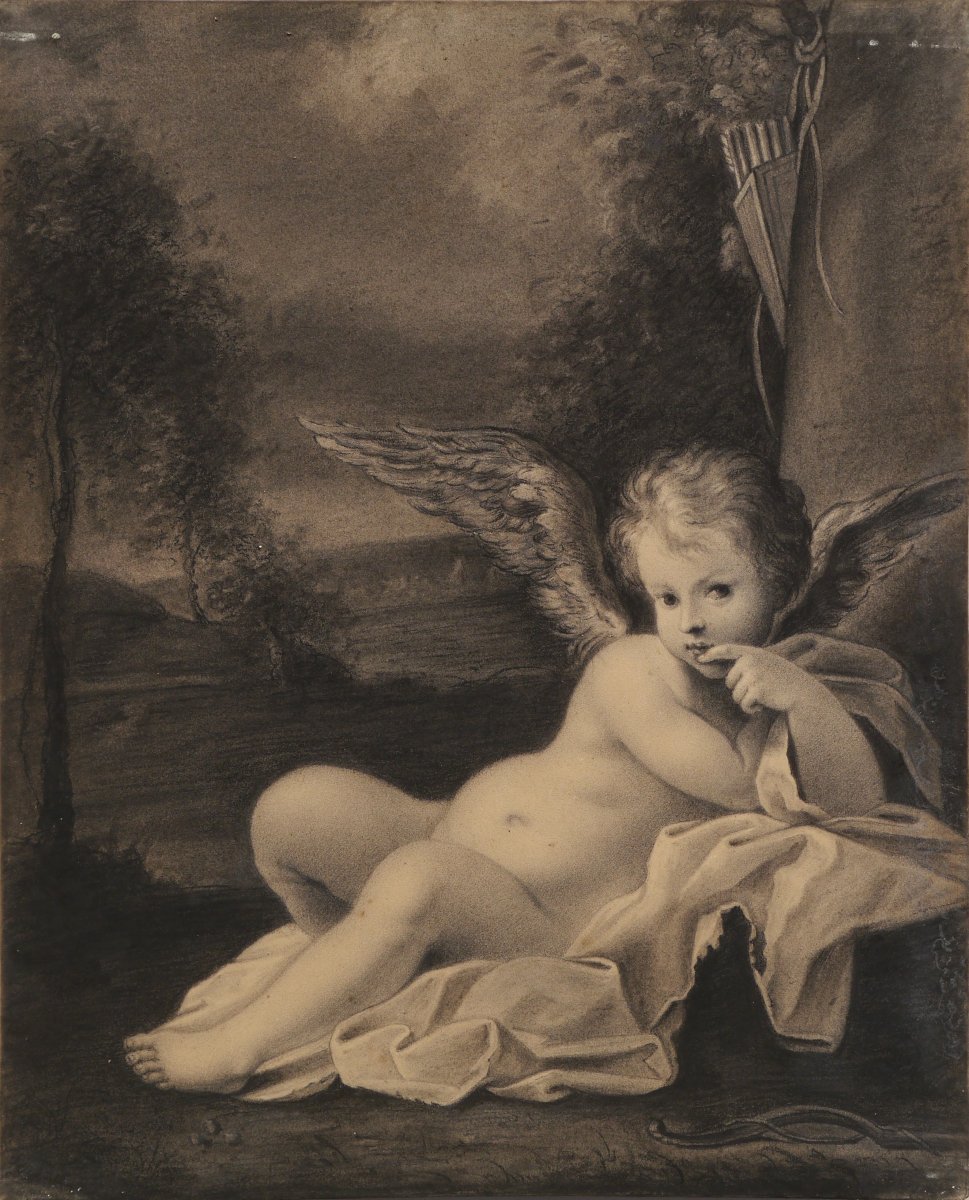 Dessin 1799, "Cupidon" par Sophie Guillemard (1780-?) d'après Bartolomeo Schedoni.-photo-1