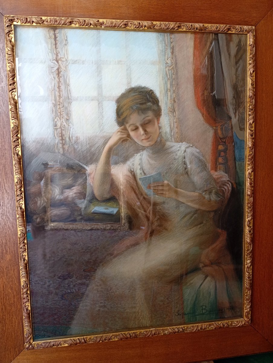 Très grand portrait au pastel, femme à la lettre 1910. Suzanne BUSMEY (19è-20è)-photo-2