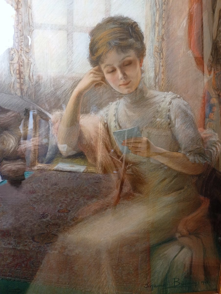 Très grand portrait au pastel, femme à la lettre 1910. Suzanne BUSMEY (19è-20è)-photo-3