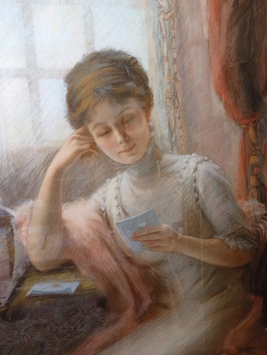 Très grand portrait au pastel, femme à la lettre 1910. Suzanne BUSMEY (19è-20è)-photo-4
