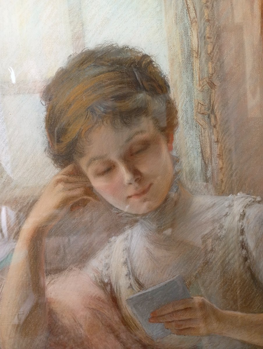 Très grand portrait au pastel, femme à la lettre 1910. Suzanne BUSMEY (19è-20è)-photo-1