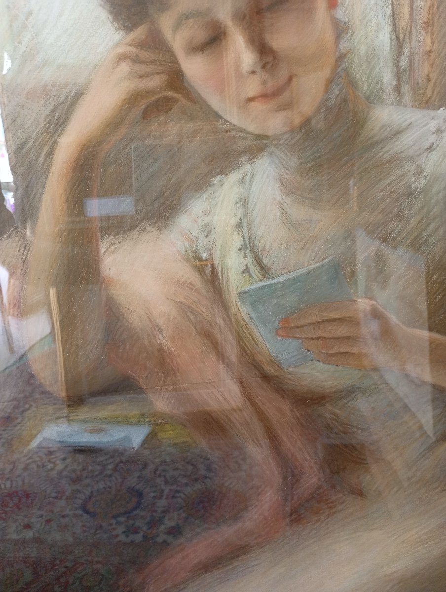 Très grand portrait au pastel, femme à la lettre 1910. Suzanne BUSMEY (19è-20è)-photo-2