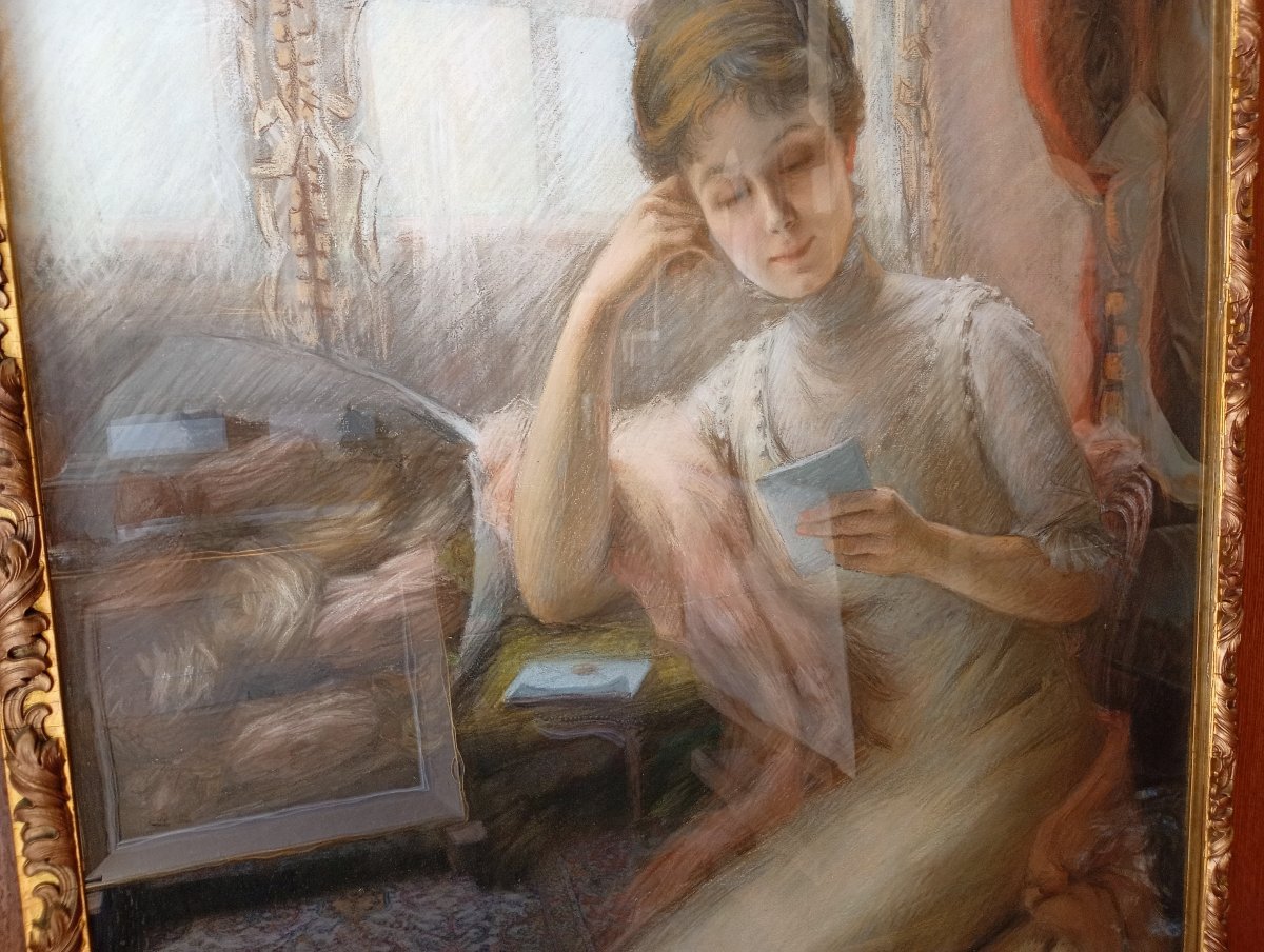 Très grand portrait au pastel, femme à la lettre 1910. Suzanne BUSMEY (19è-20è)-photo-3