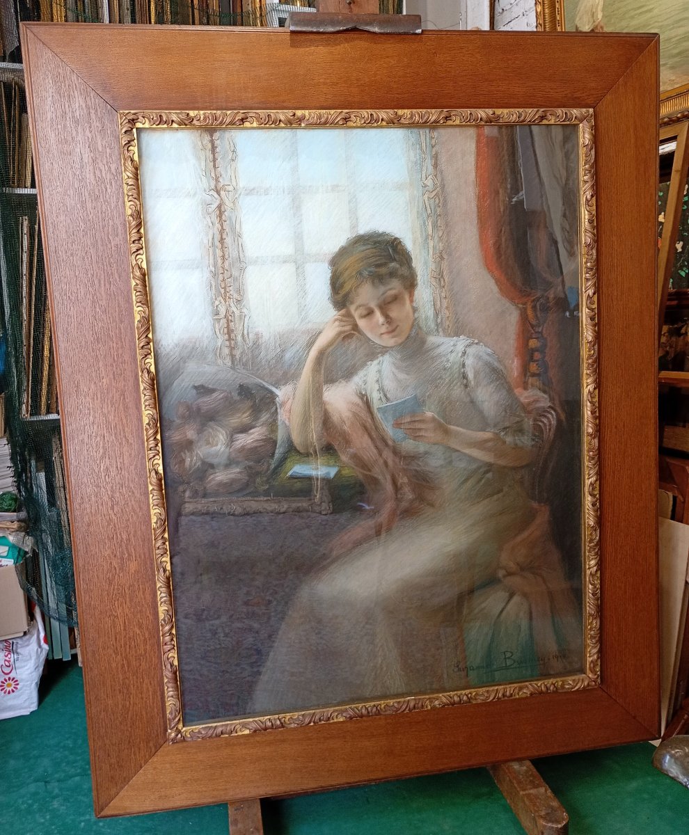 Très grand portrait au pastel, femme à la lettre 1910. Suzanne BUSMEY (19è-20è)