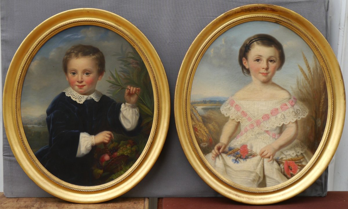 Deux portraits d'enfants vers 1850. Léonie PRIN (1820-?)