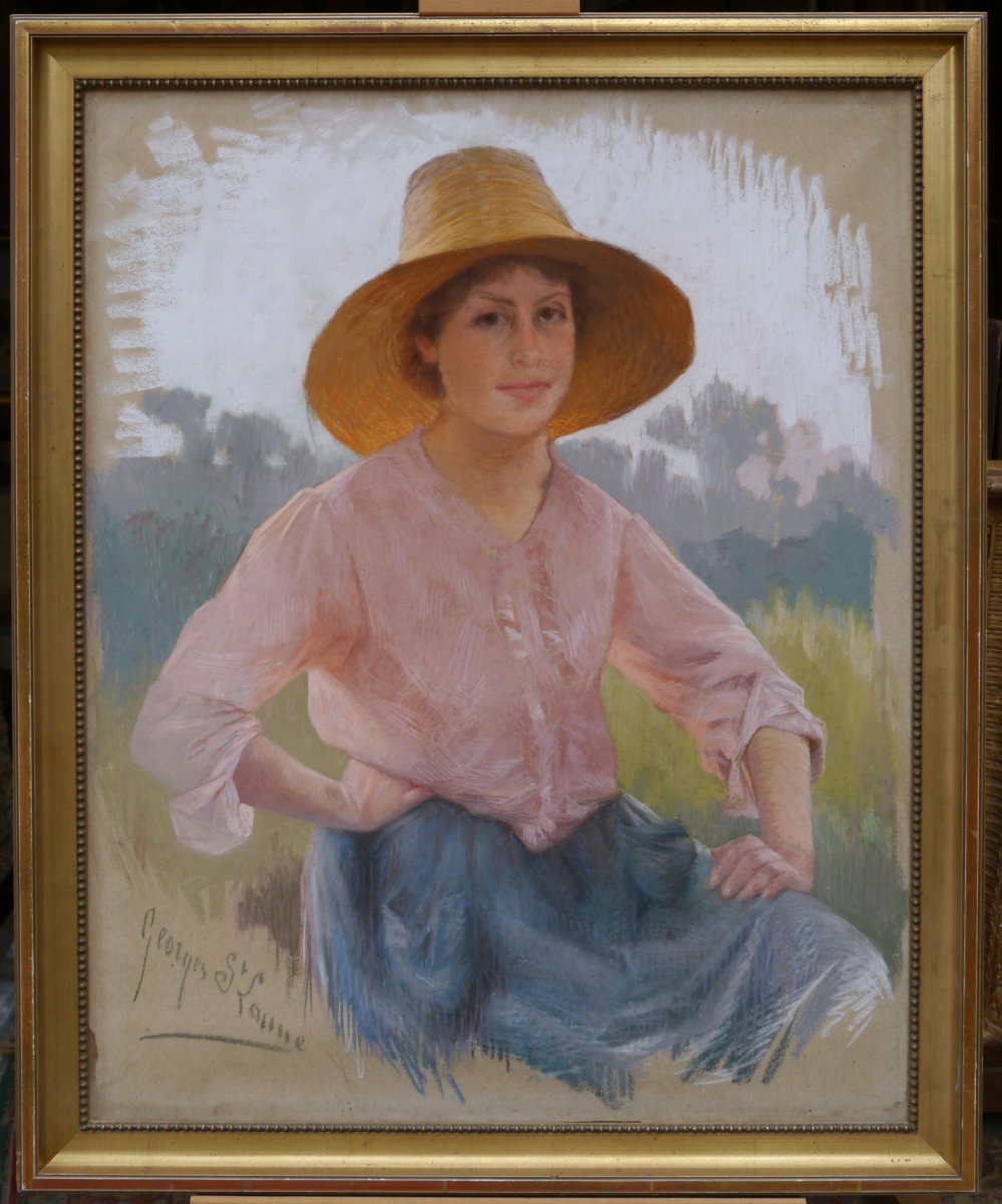 Portrait Of A Young Woman Wearing A Straw Hat. Georges Saint-lanne (1848-1912)-photo-2