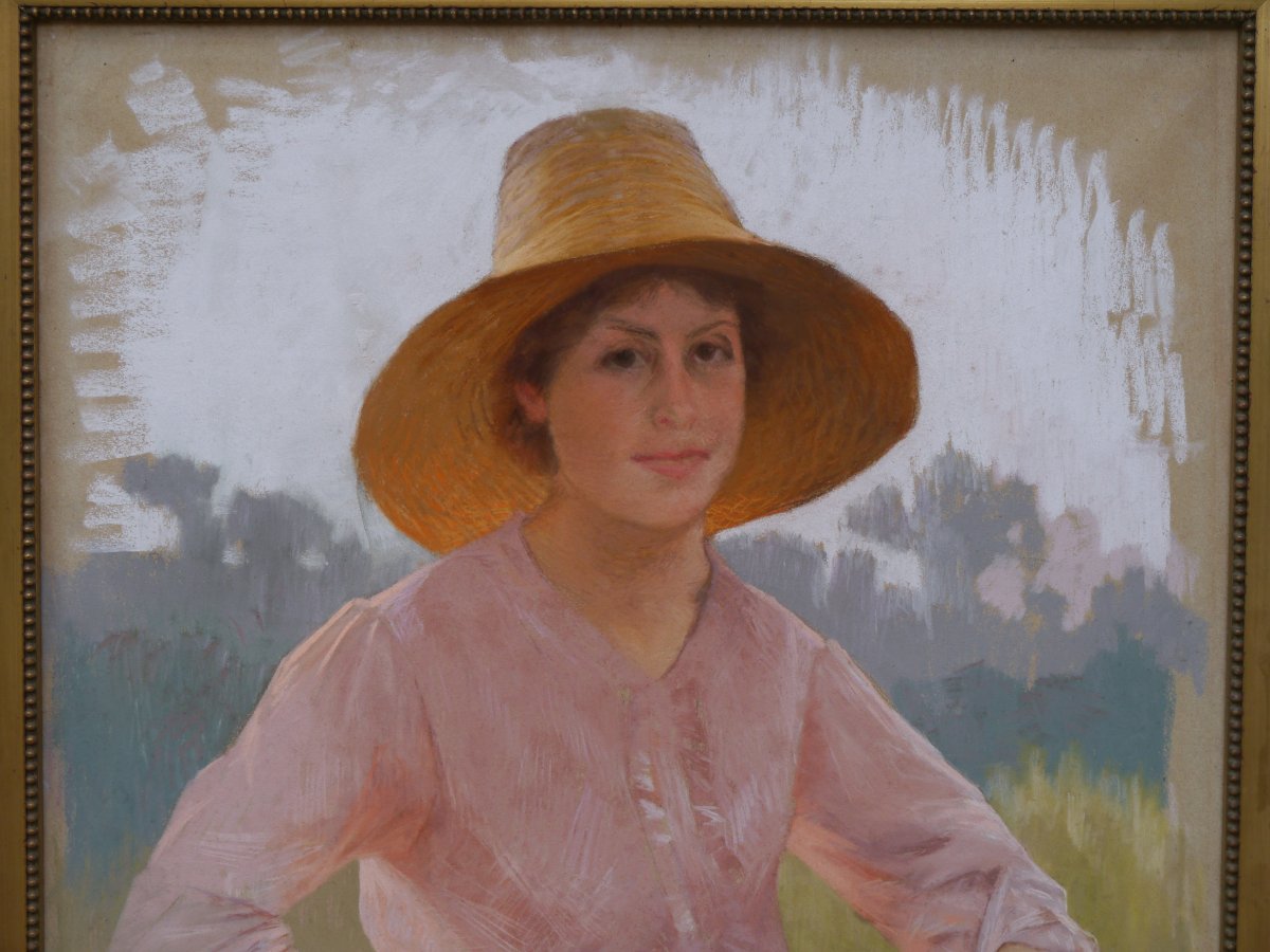 Portrait Of A Young Woman Wearing A Straw Hat. Georges Saint-lanne (1848-1912)-photo-3