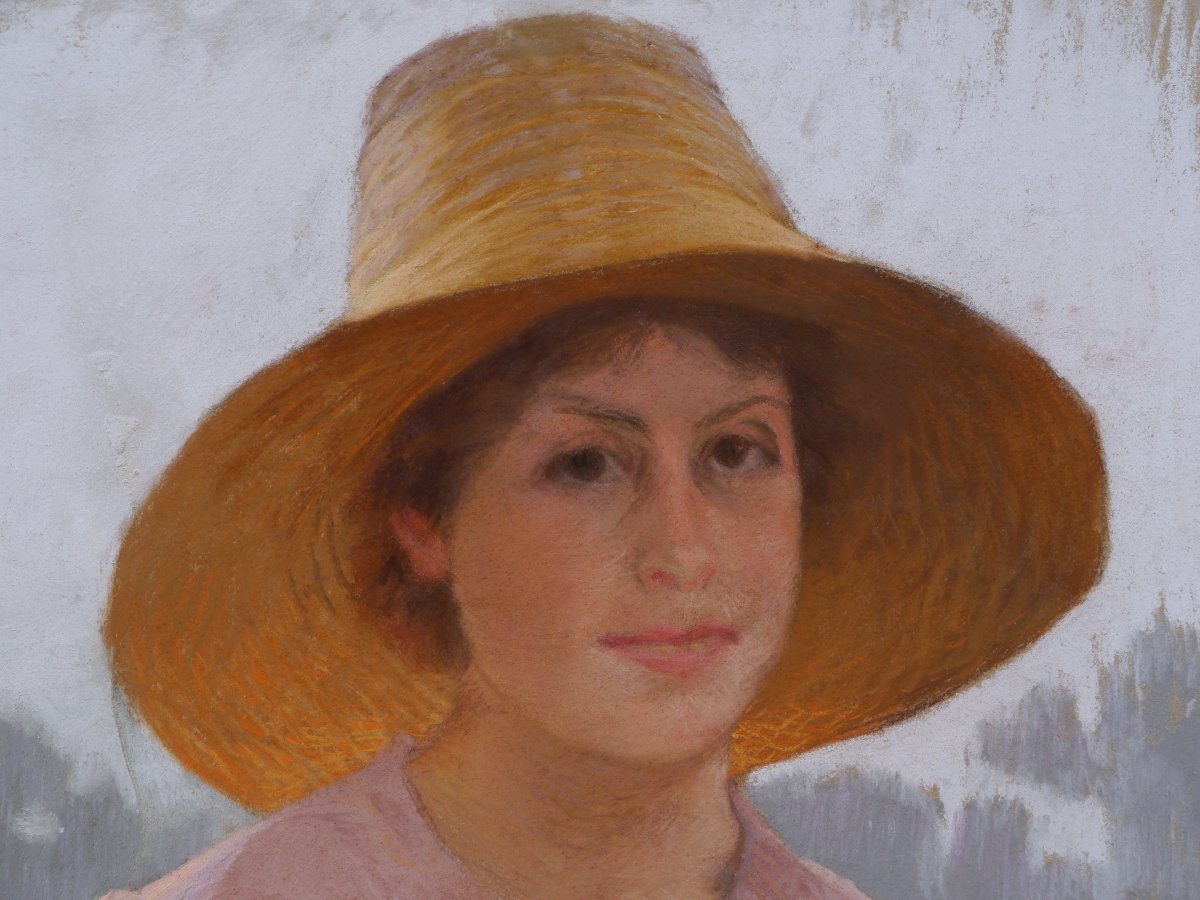 Portrait Of A Young Woman Wearing A Straw Hat. Georges Saint-lanne (1848-1912)-photo-4