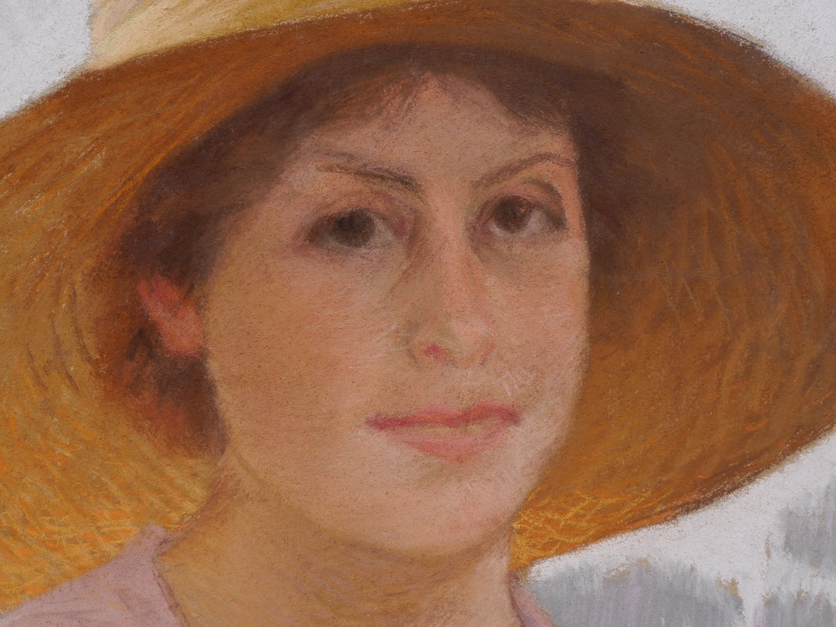Portrait Of A Young Woman Wearing A Straw Hat. Georges Saint-lanne (1848-1912)-photo-1