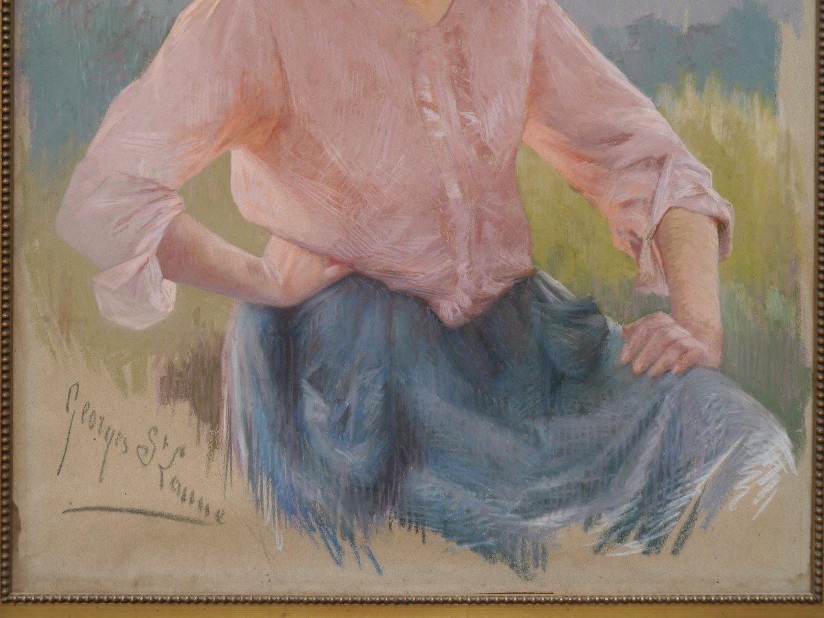 Portrait Of A Young Woman Wearing A Straw Hat. Georges Saint-lanne (1848-1912)-photo-3