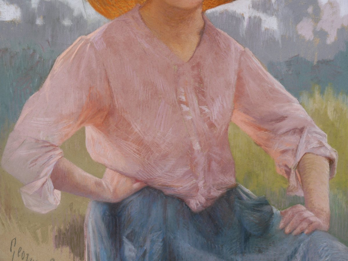 Portrait Of A Young Woman Wearing A Straw Hat. Georges Saint-lanne (1848-1912)-photo-4