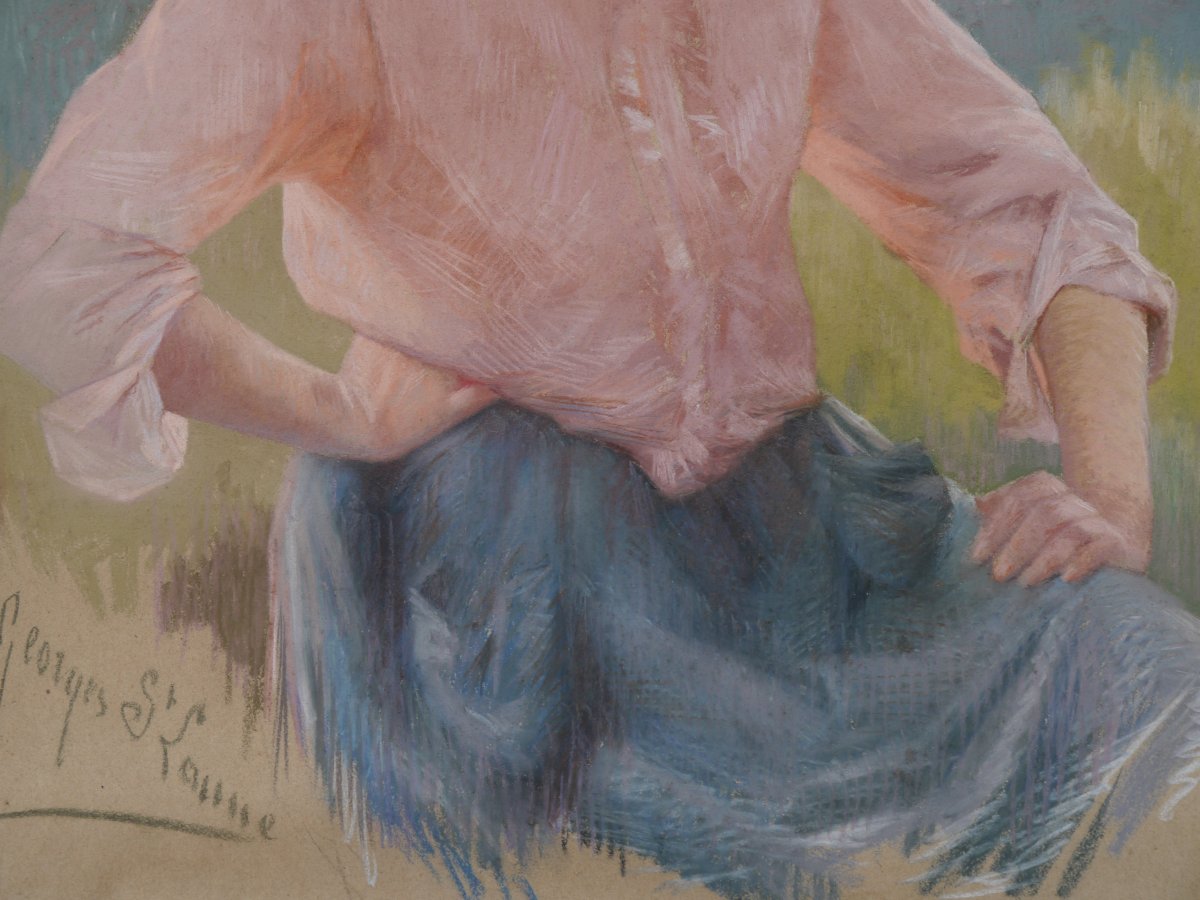Portrait Of A Young Woman Wearing A Straw Hat. Georges Saint-lanne (1848-1912)-photo-5
