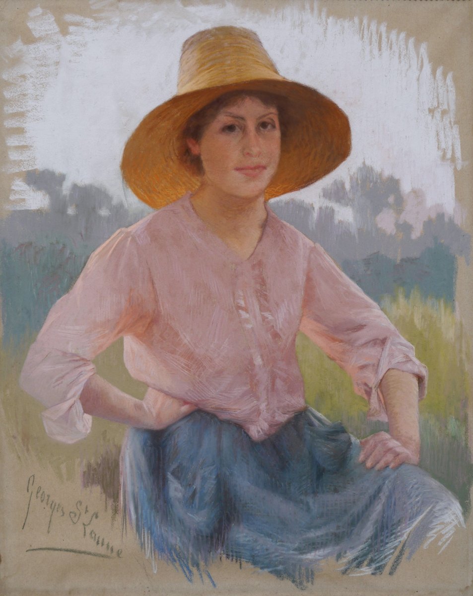 Portrait Of A Young Woman Wearing A Straw Hat. Georges Saint-lanne (1848-1912)