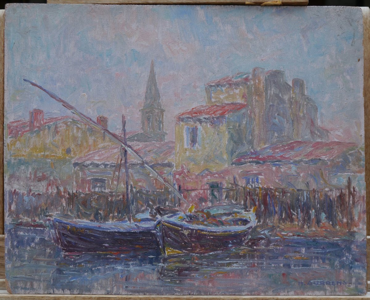 Henri AURRENS (1873-1934). Barques amarrées. Martigues, Ferrieres,Saint-Louis d'Anjou ?-photo-2