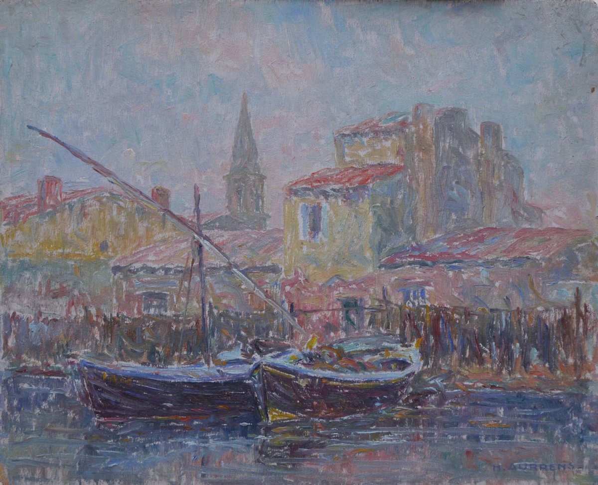 Henri AURRENS (1873-1934). Barques amarrées. Martigues, Ferrieres,Saint-Louis d'Anjou ?