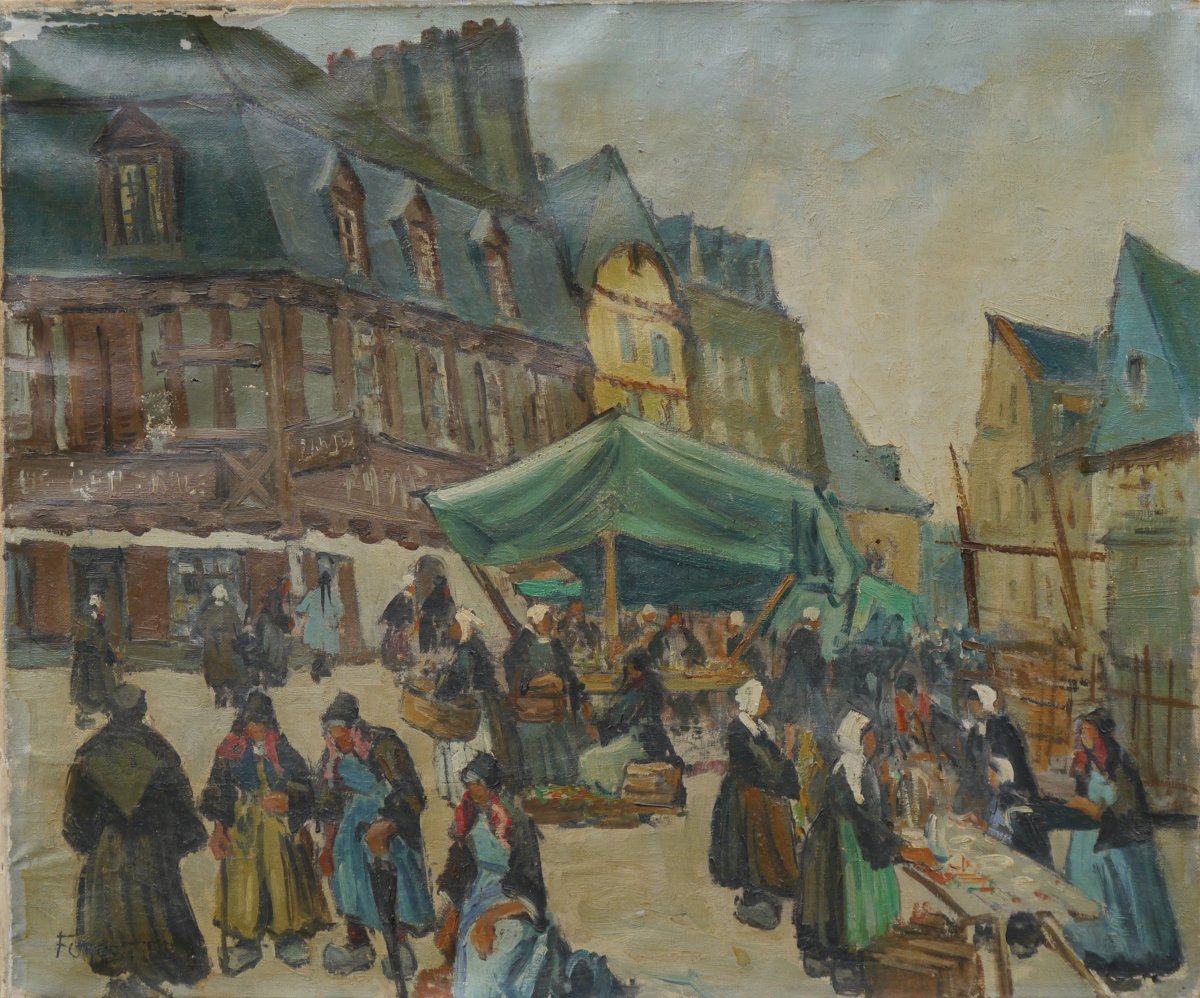 Marché à Pontivy en Bretagne par Forestier vers 1930/50