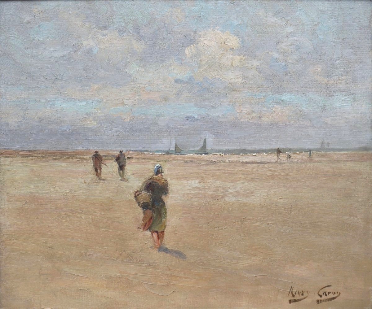 Henry CARON (1860-1941). Berck plage pêche aux crevettes, Abbeville