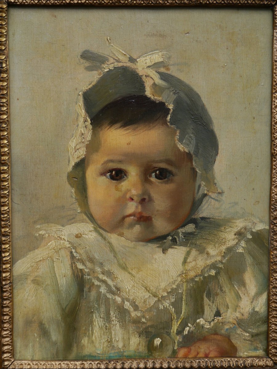 Portrait d'un joli bébé, Ecole fin 19è dans cadre ancien 18è Louis XVI-photo-2