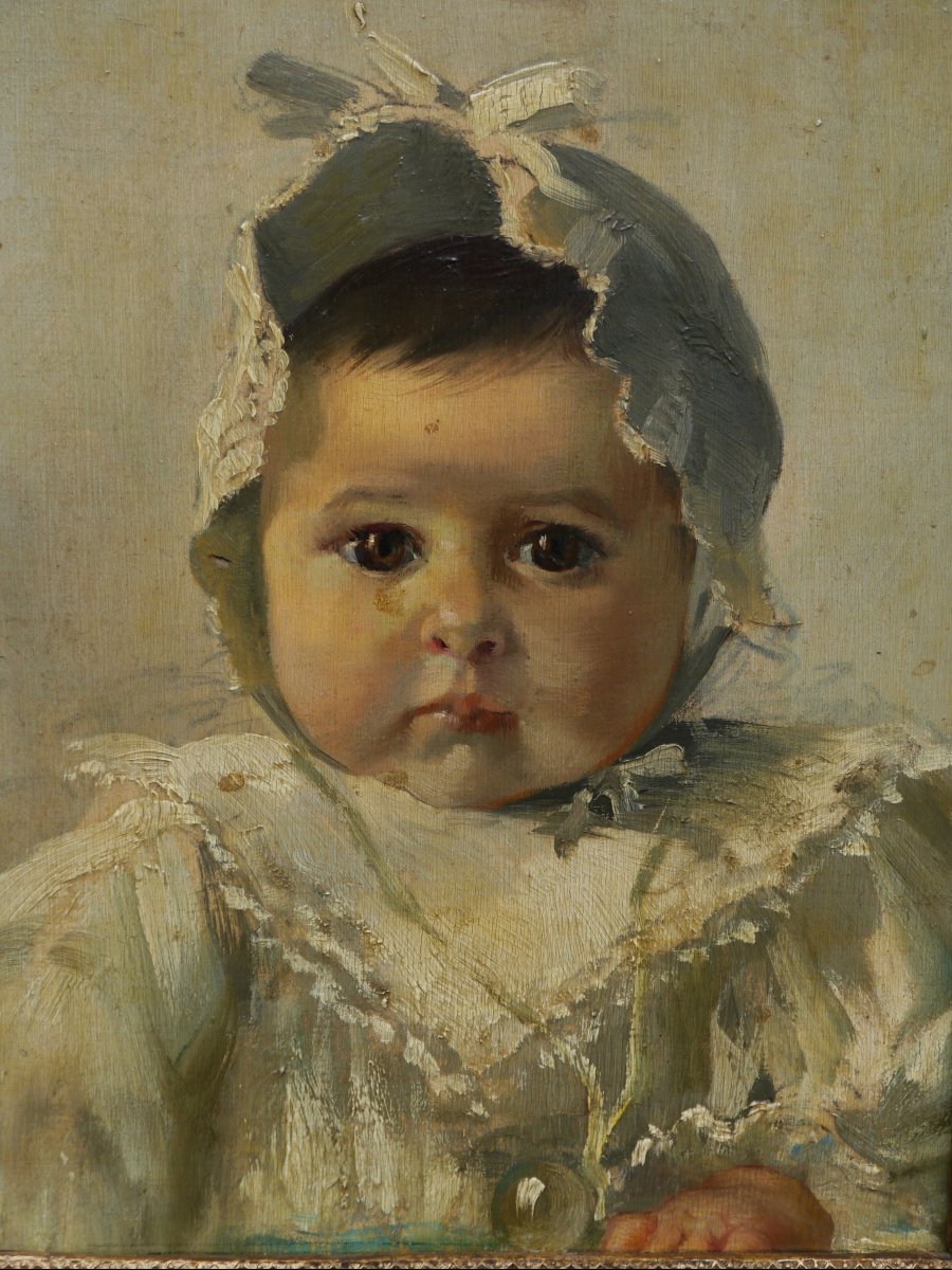 Portrait d'un joli bébé, Ecole fin 19è dans cadre ancien 18è Louis XVI-photo-3