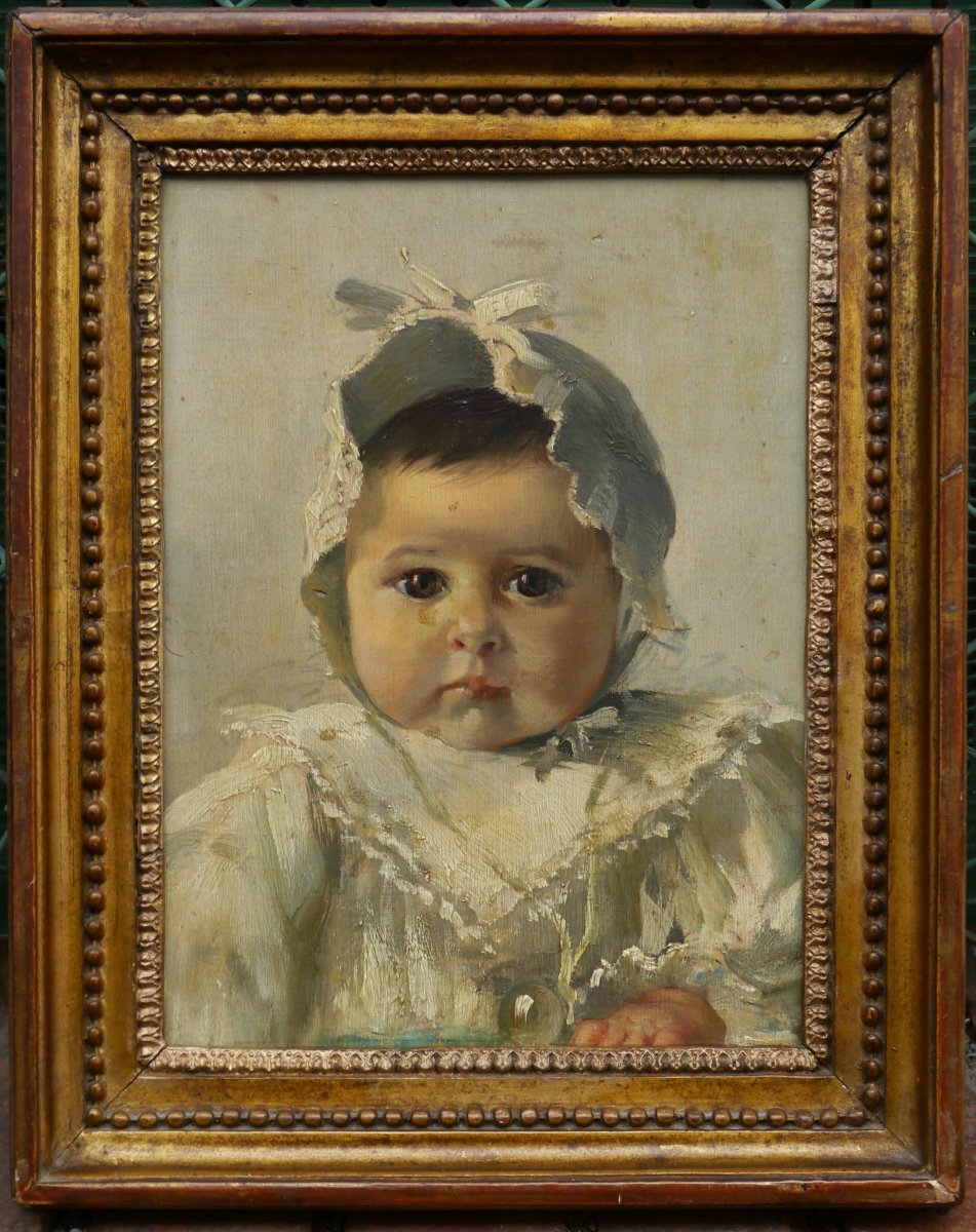 Portrait d'un joli bébé, Ecole fin 19è dans cadre ancien 18è Louis XVI