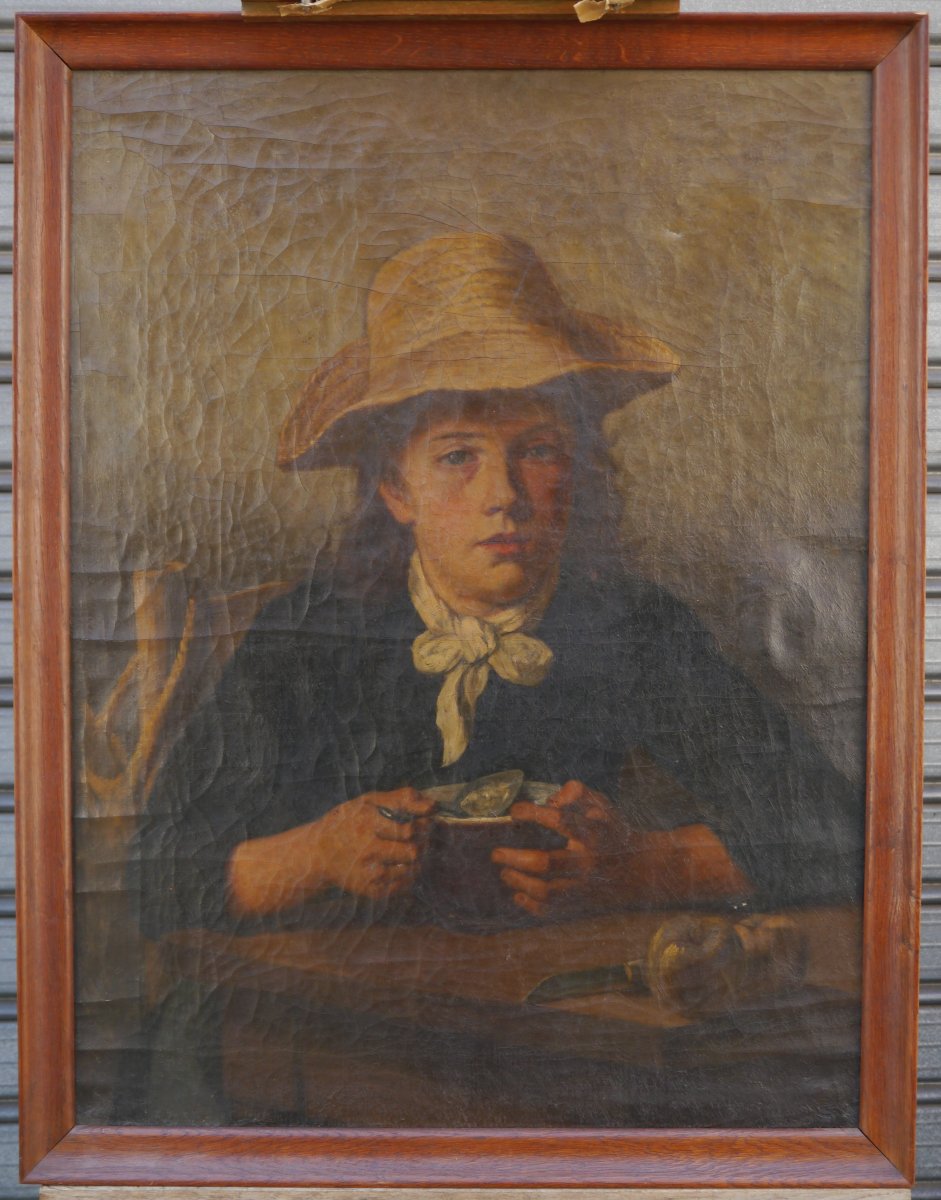 Portrait d'enfant au chapeau à son repas, Ecole XIXè-photo-3