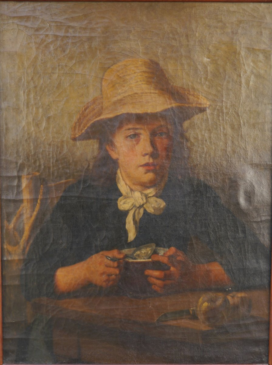 Portrait d'enfant au chapeau à son repas, Ecole XIXè