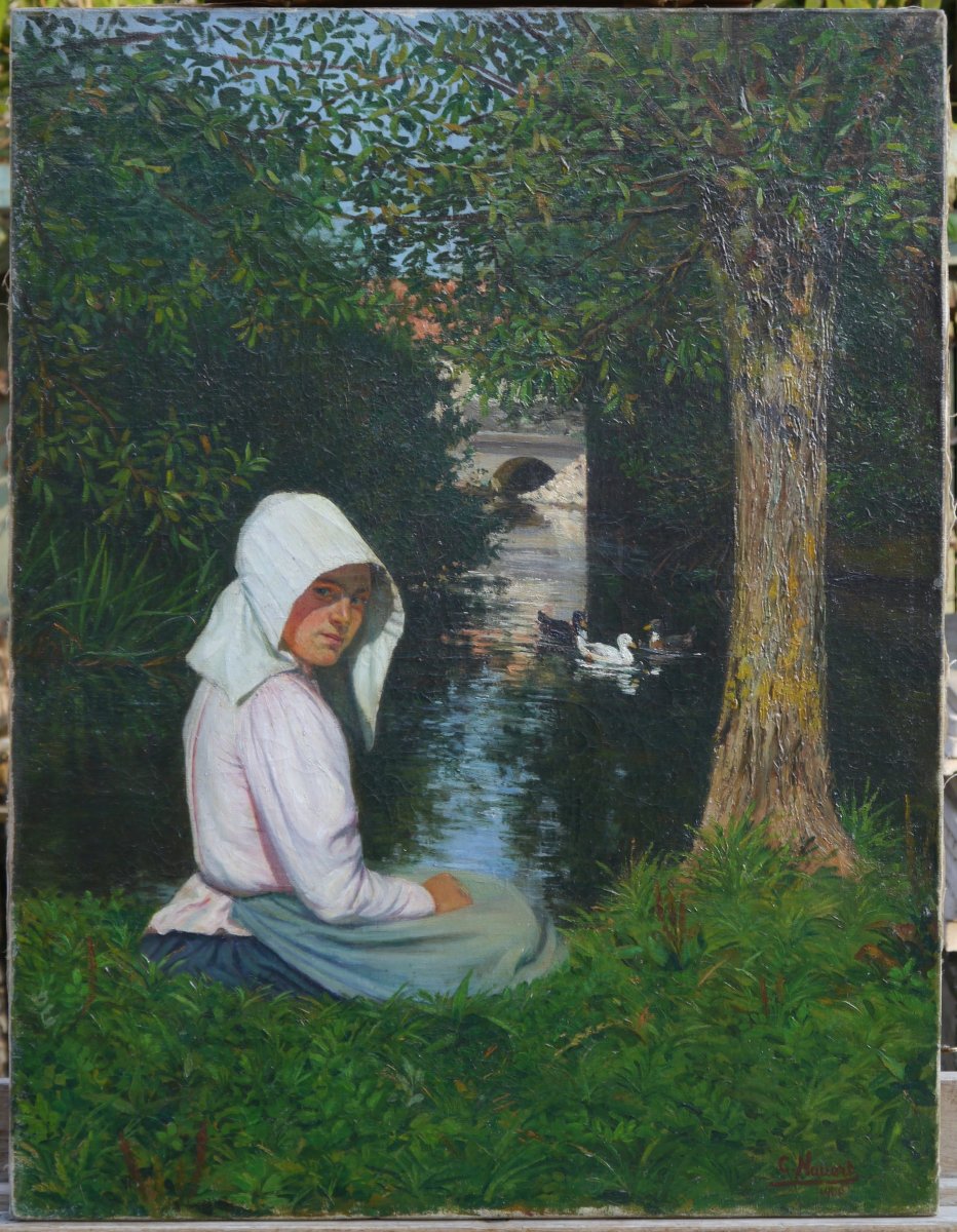 Jeune femme en Provence devant la rivière, 1900. Charles Nauert XIX-XXè-photo-2