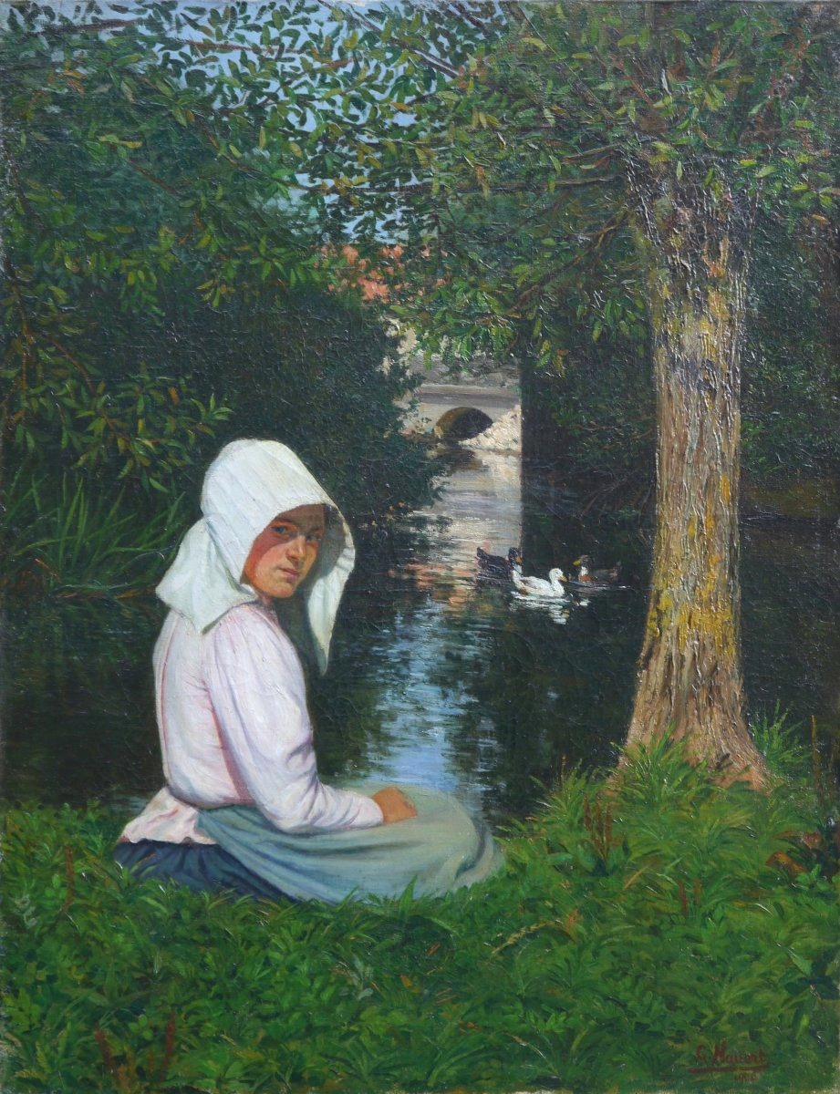Jeune femme en Provence devant la rivière, 1900. Charles Nauert XIX-XXè