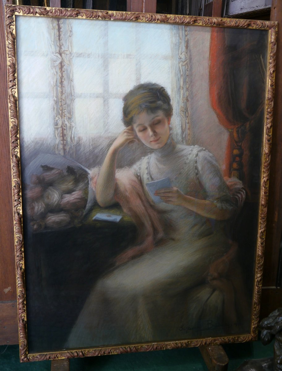 Grand portrait au pastel, femme à la lettre 1910. Suzanne BUSMEY (19è-20è)-photo-2