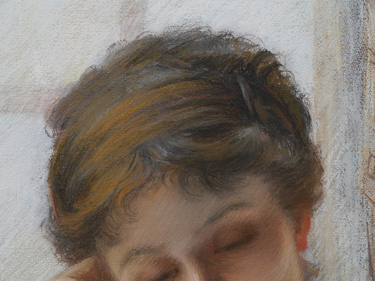 Grand portrait au pastel, femme à la lettre 1910. Suzanne BUSMEY (19è-20è)-photo-2