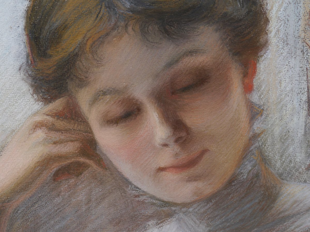Grand portrait au pastel, femme à la lettre 1910. Suzanne BUSMEY (19è-20è)-photo-3