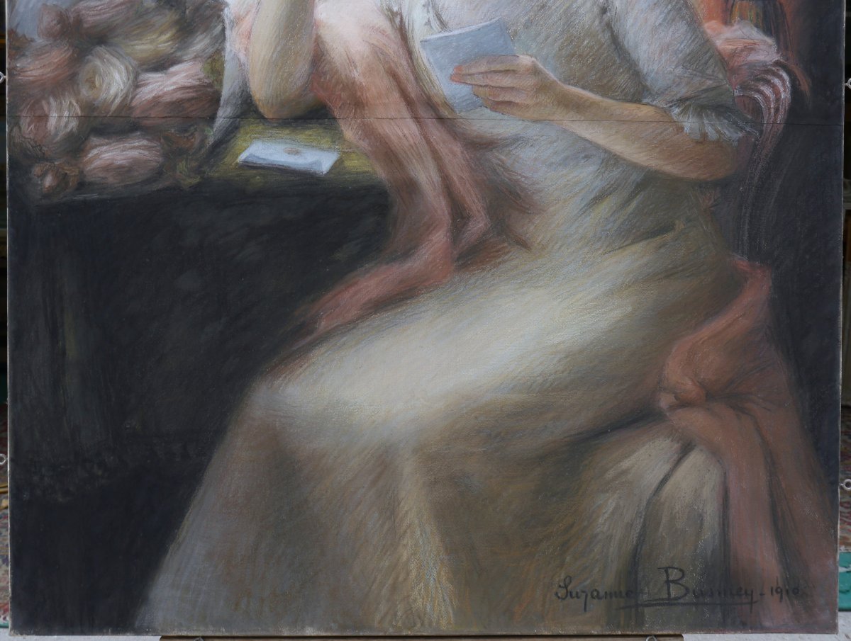 Grand portrait au pastel, femme à la lettre 1910. Suzanne BUSMEY (19è-20è)-photo-5