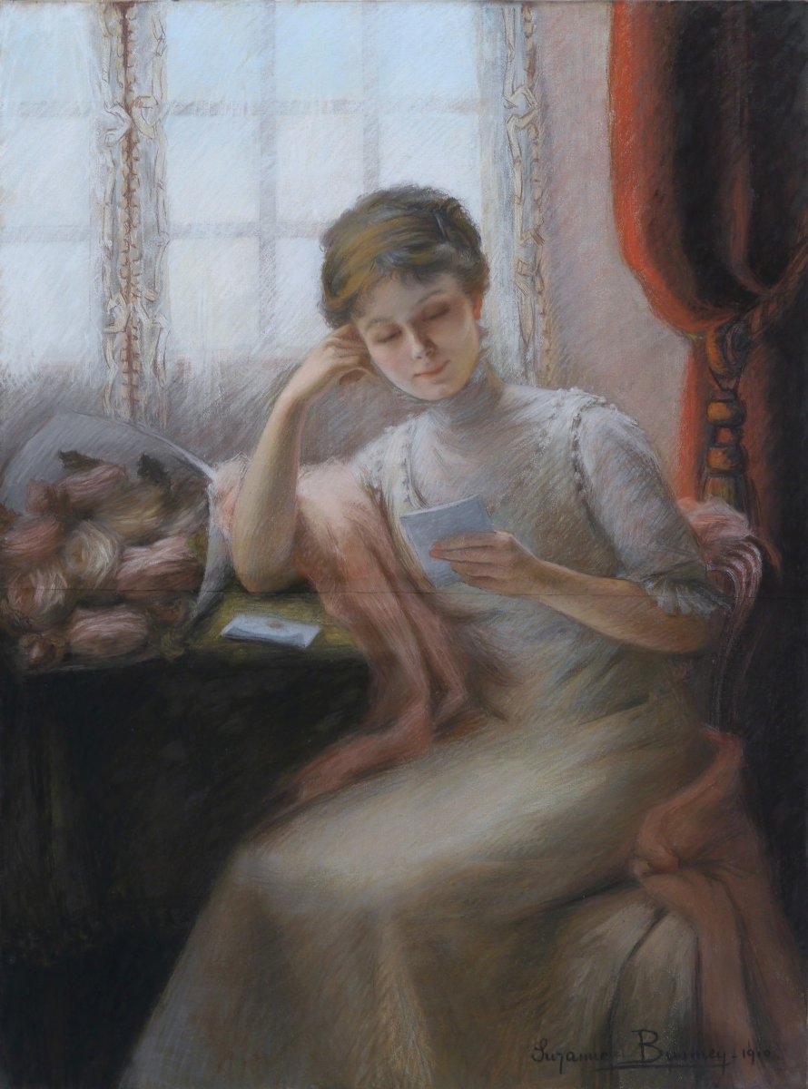 Grand portrait au pastel, femme à la lettre 1910. Suzanne BUSMEY (19è-20è)