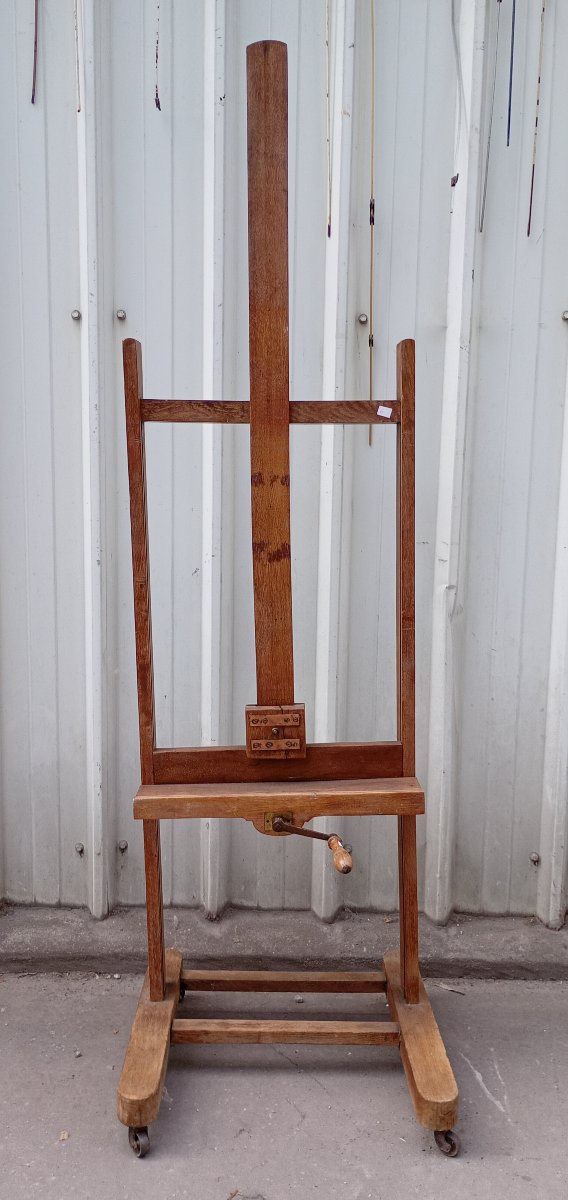Antique Oak Easel With Screws And A Crank Handle-photo-3